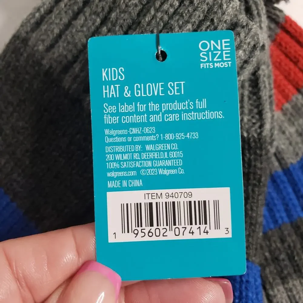 West Loop Kids One‎ Size Winter Hat & Glove Set Gray Blue Red Stripe Neutral New